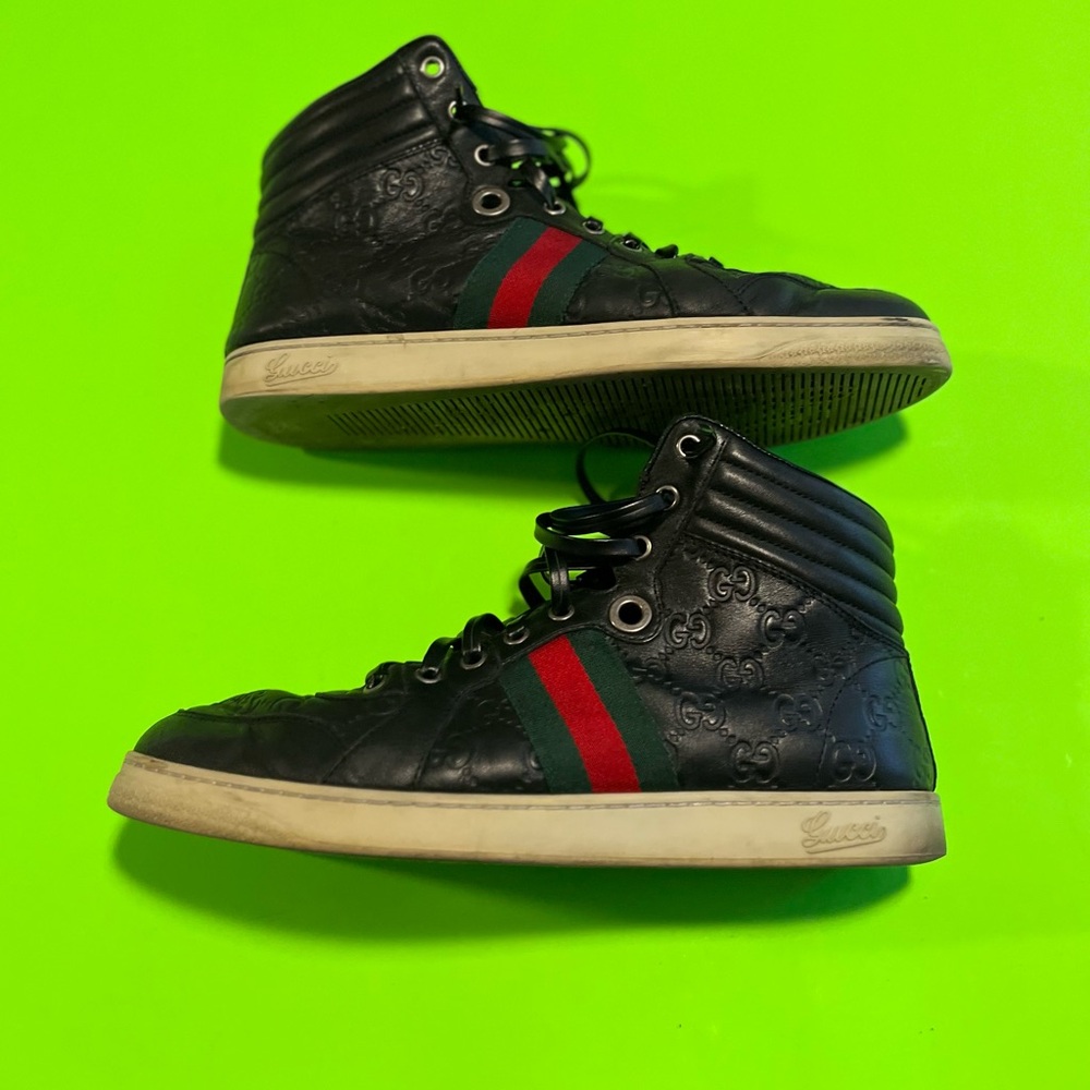 Gucci GG Black Leather Web High Top Sneakers Size 7.5G - Picture 4 of 6